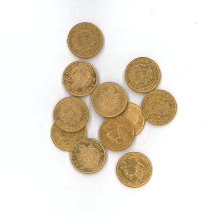 11 monnaies or : 20 FF Napoléon III tête laurée 18
