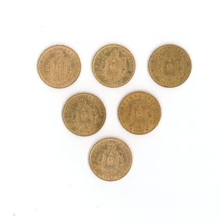 6 monnaies en or : 20 FF Napoléon III tête laurée 