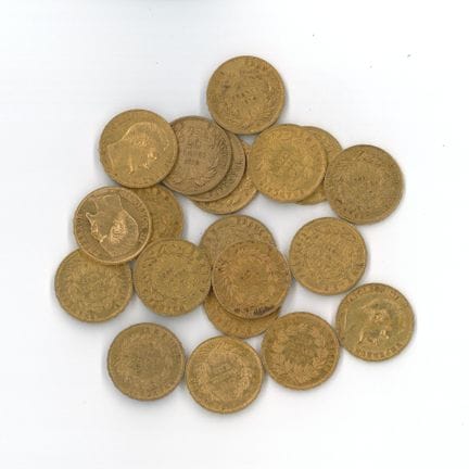 20枚金币：20枚拿破仑三世无冠头像法郎（1859 A × 16，1859 BB × 4）