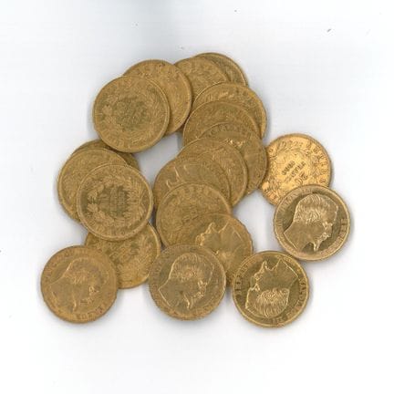 20 monnaies or : 20 FF Napoléon III tête nue 1860 