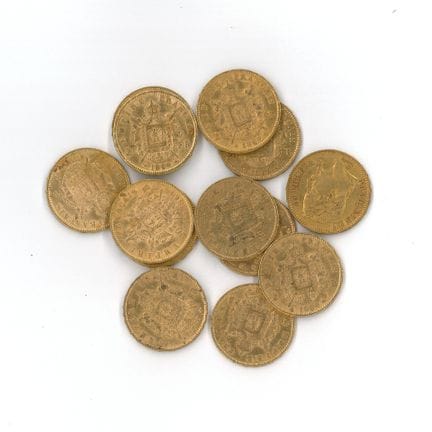 13 monnaies or : 20 FF Napoléon III tête laurée (1