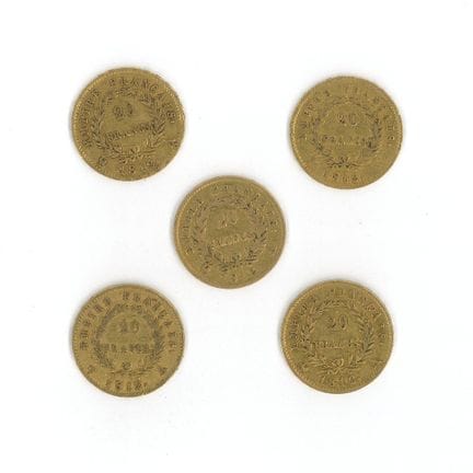 5枚金币：20法郎拿破仑皇帝金币（1812 A 版×4枚，1812 W 版×1枚）