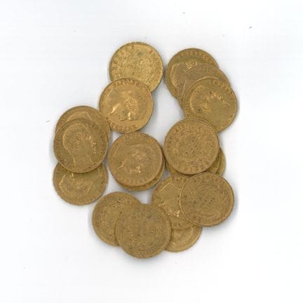 20枚金币：20枚拿破仑三世无冠头像法郎（1859 A × 17，1859 BB × 3）