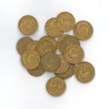 20枚金币：20枚拿破仑三世无冠头像法郎金币（1856 A × 19，1860 BB × 1）