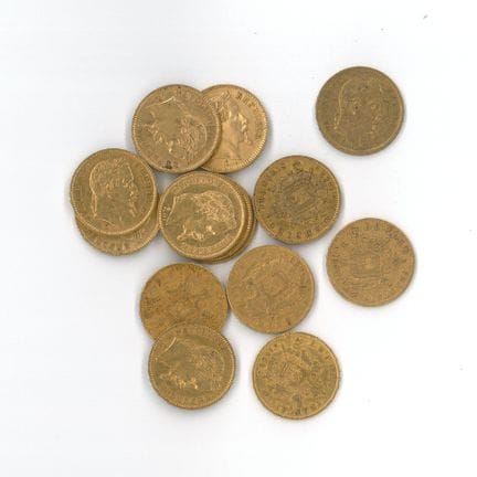 14 monnaies or : 20 FF Napoléon III tête laurée (1