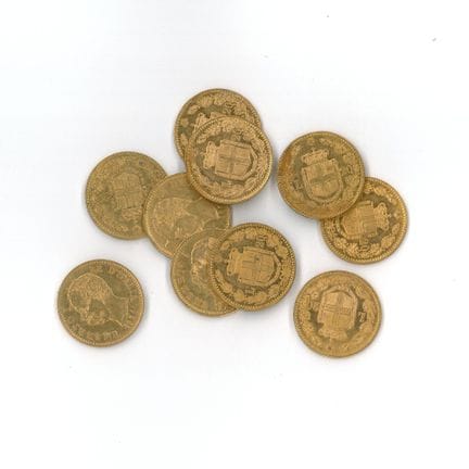 10 monnaies or : 20 Lires Umberto Ier Re d'Italia 
