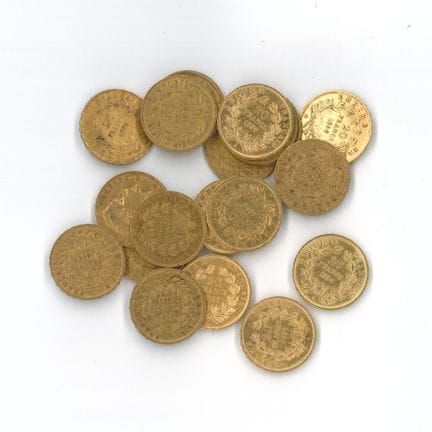 20枚金币：20枚拿破仑三世无冠头像法郎（1858 A × 17，1858 BB × 3）