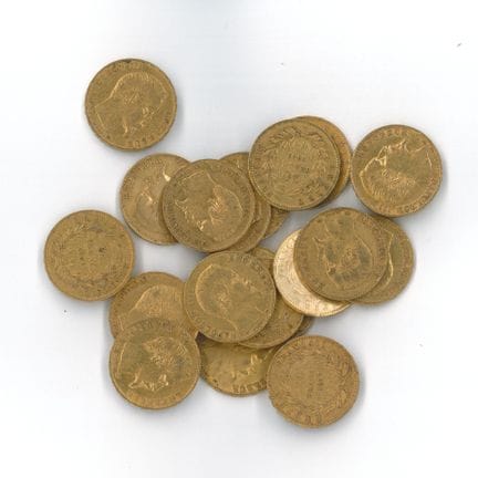 20 monnaies or : 20 FF Napoléon III tête nue 1857 