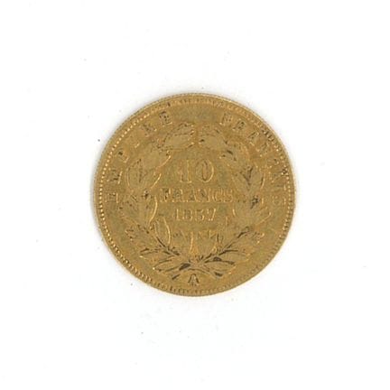 1枚金币：1857年A铸造的拿破仑三世无冠头像10法郎金币