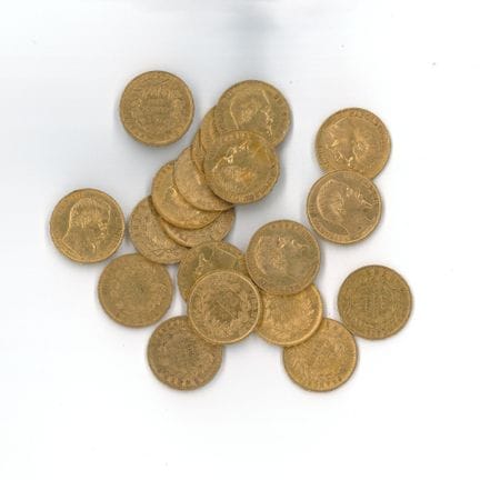 20 monnaies or : 20 FF Napoléon III tête nue 1860 