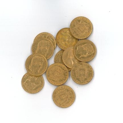 12 monnaies or : 20 FF Napoléon III tête laurée 18