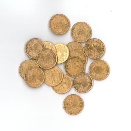 18 monnaies or : 20 F Suisse (1927 x 9, 1935 x 5, 