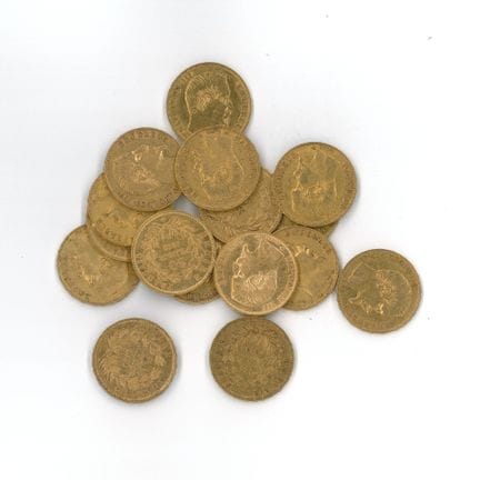16枚金币：20法郎拿破仑三世无冠像（1858 A × 15，1858 BB × 1）