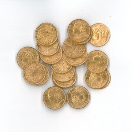 20 monnaies or : 20 F Suisse (1927 x 12, 1935 x 3,
