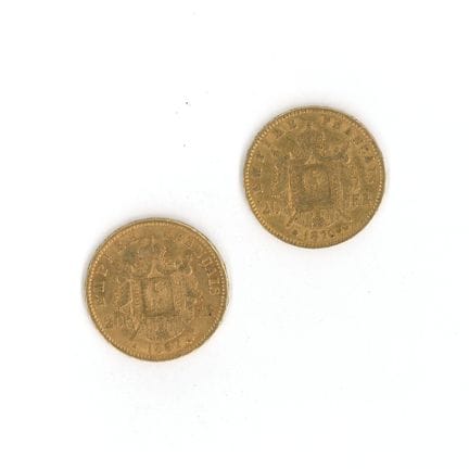 2 monnaies en or : 20 FF Napoléon tête laurée (186