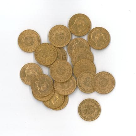 20 monnaies or : 20 FF Napoléon III tête nue 1860 