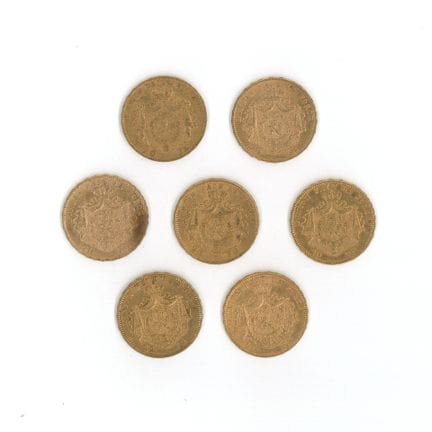 7 monnaies en or : 20 F Belgique Léopold II (1868 