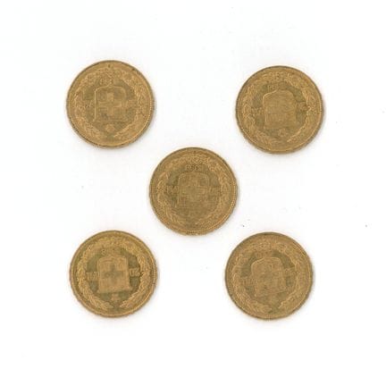 5 monnaies or : 20 F Suisse (1890 x1 , 1894 x 1, 1