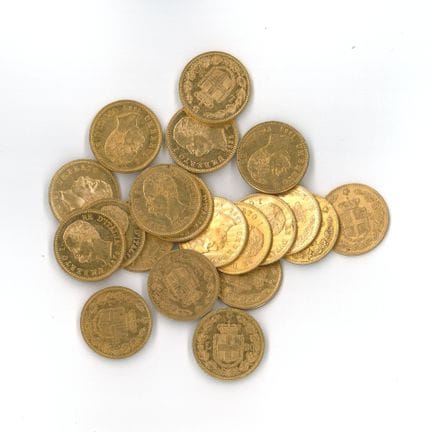 20 monnaies or : 20 Lires Umberto Ier Re d'Italia 