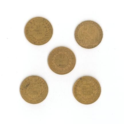5枚金币：20法郎 
- 赤裸头像拿破仑币（1855年A版×1，1856年A版×1，1859年A版×