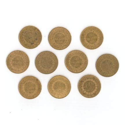 10 monnaies or : 20 FF Génie (1874 A x 1, 1876 A x