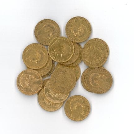 20枚金币：20枚拿破仑三世无冠头像法郎金币（1855 A × 18，1855 BB × 1，185