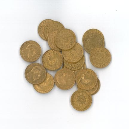 20 monnaies or : 20 FF Napoléon III tête nue (1860