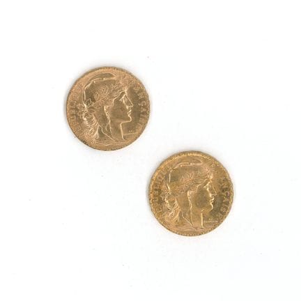 2 monnaies or : 20 FF Coq 1913
