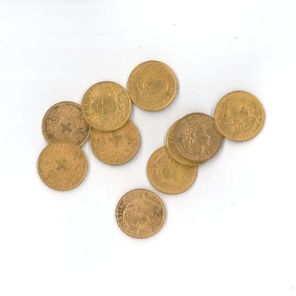 10 monnaies or : 20 F Suisse (1901 x 1, 1902 x 1, 