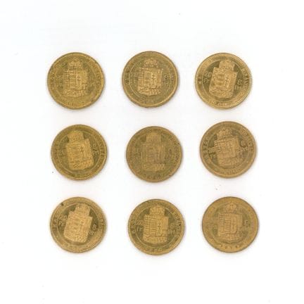 9 monnaies or : 8 Florins Magyar François-Joseph (