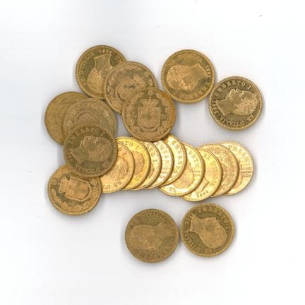 20 monnaies or : 20 Lires Umberto Ier Re d'Italia 