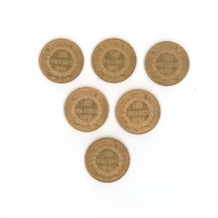 6 monnaies or : 20 FF Génie 1897 A
