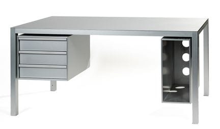 Flat aluminum desk with a single cabinet containin