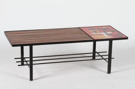Coffee table. Black metal frame. Top made of woode