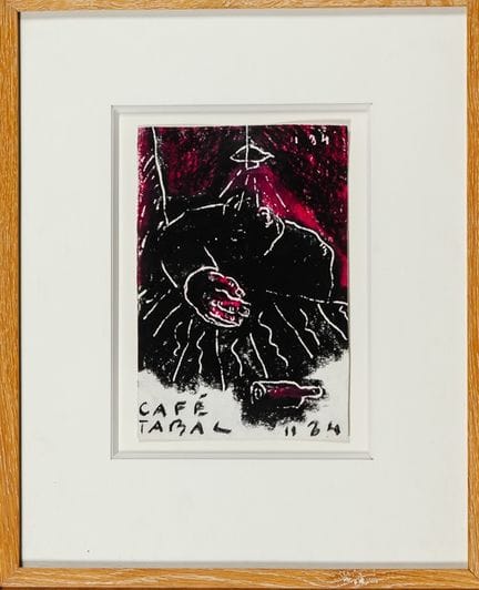 让·查尔斯·布莱斯（1956）：《咖啡烟草店》。纸本刮擦粉彩画，作于1984年11月。尺寸：23 x
