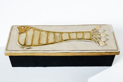 米特·埃斯佩尔特（Mithé ESPELT，1923-2020）：长方形木质与毛毡盒，配有釉面镀金陶