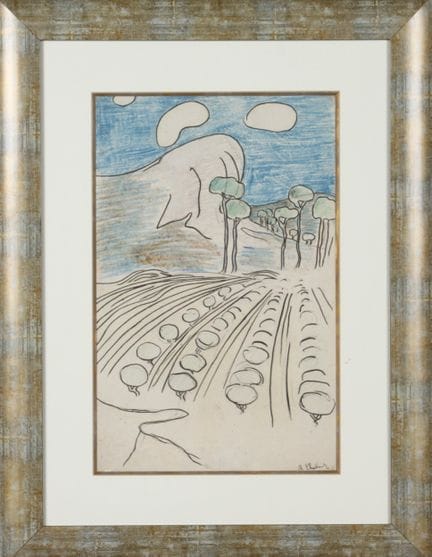 奥古斯特·沙博（1882-1955）：《橄榄林与高大松树》。墨水与粉彩素描，右下角有签名。（纸张边缘