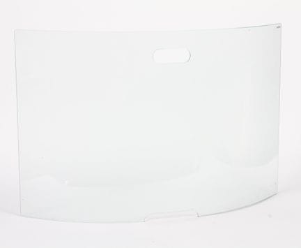 Curved glass fire screen with handle. Dimensions: 