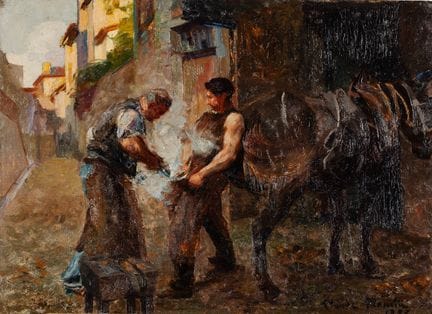 Claude FIRMIN (1864–1944): Beim Hufschmied. Öl auf