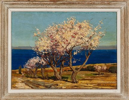 古斯塔夫·维达尔（1895-1966）：《盛开的杏树》。贝尔湖。木板油画，右下角签名。背面标有标题。