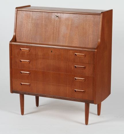 Teak and wood secretary desk with four drawers and
