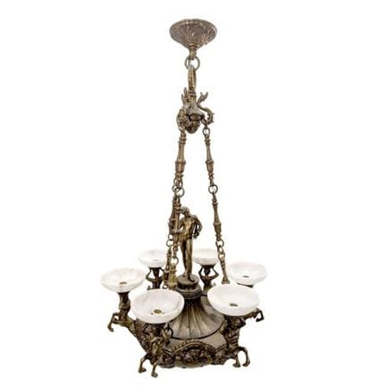 Imponente lampadario a sei luci in bronzo patinato
