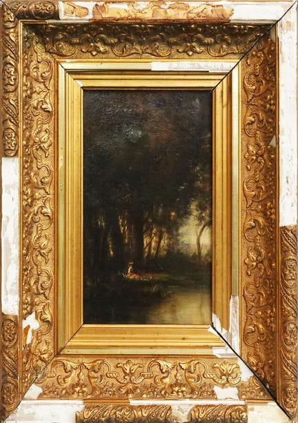 19世纪末法国画派
池畔林间
布面油画，左下角署名“PLUMEL”
27 x 16 厘米
（画框有破