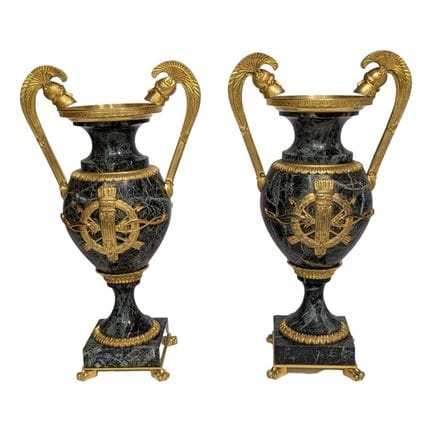 Pair of marble and gilded bronze casserole dishes 