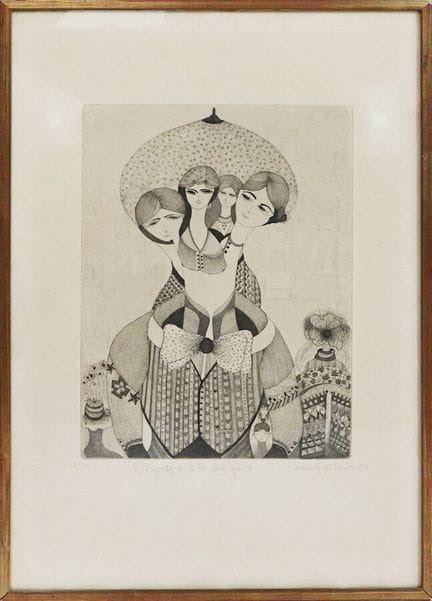Incisione in stile surrealista raffigurante delle 