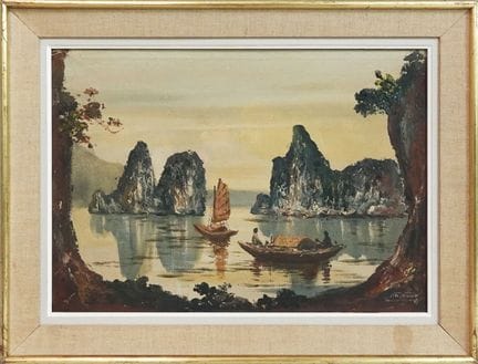 20世纪越南画派
两艘渔船
布面油画，右下角有签名
35 x 50 厘米