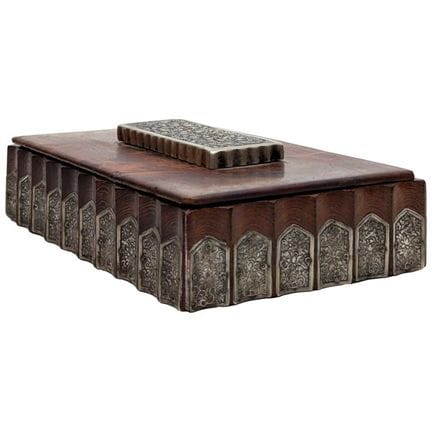 Exotic wood box decorated with silver plates engra
