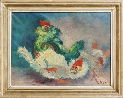 20世纪法国画派
斗鸡
布面油画，右下角署名 G. SULLI
50 x 70 厘米
（画布有破洞）