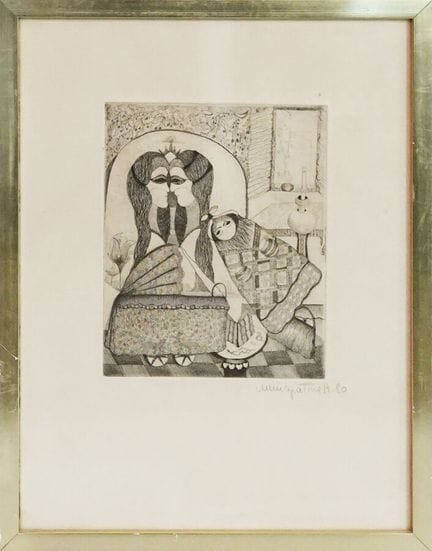 Incisione in stile surrealista raffigurante delle 