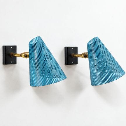 Pair of blue perforated sheet metal wall sconces i